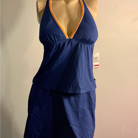 Nautica Women’s Swimsuit Skirted Tankini Set Navy Orange Halter Nwt Size 12 - Picture 1 of 4